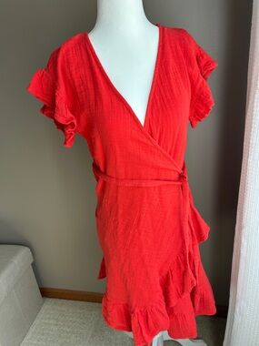 Billabong Cotton Red Wrap Midi Dress with Ruffle Sleeves, Size M